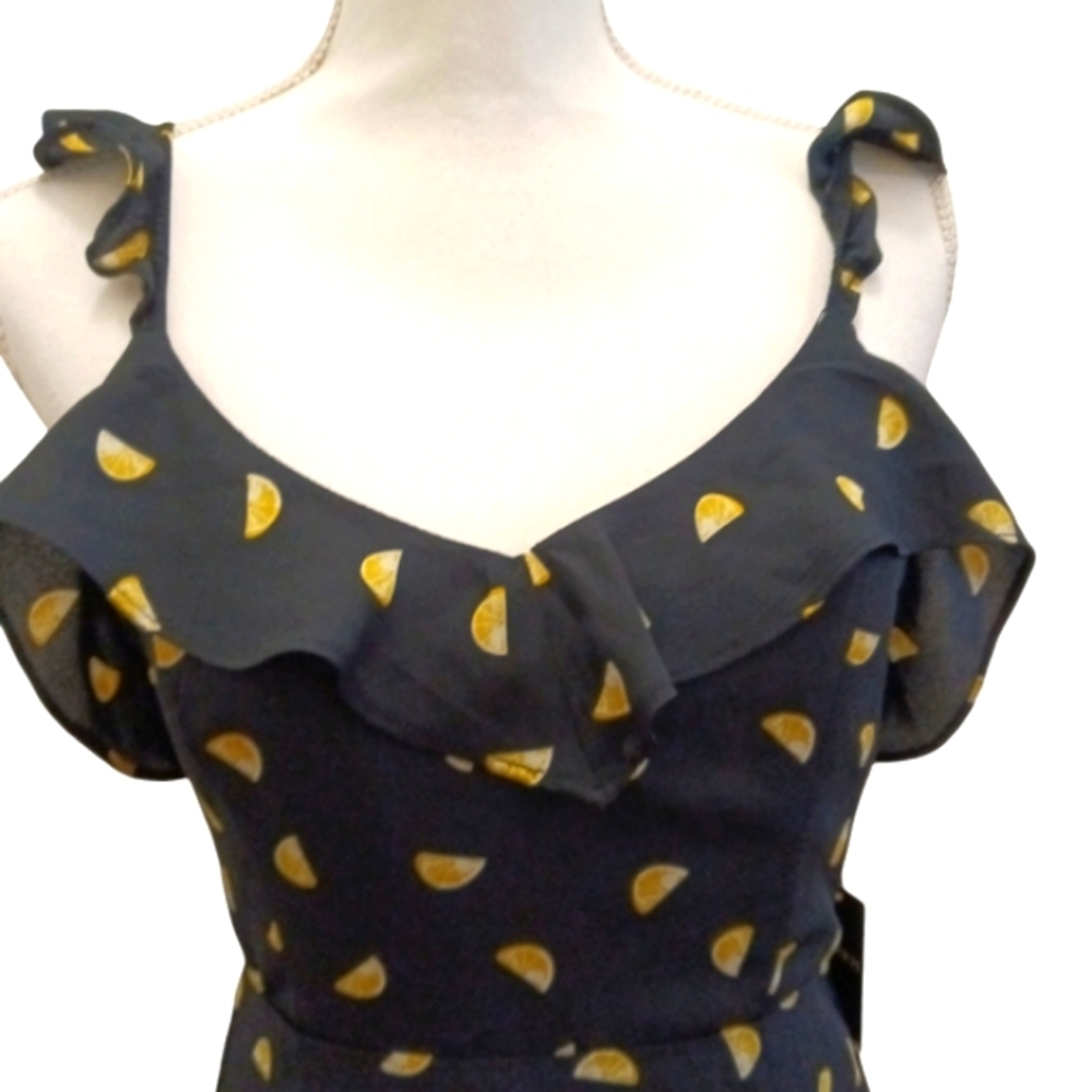 FOREVER 21 Navy Lemon slice ruffle midi tie back dress Small - Picture 2 of 6